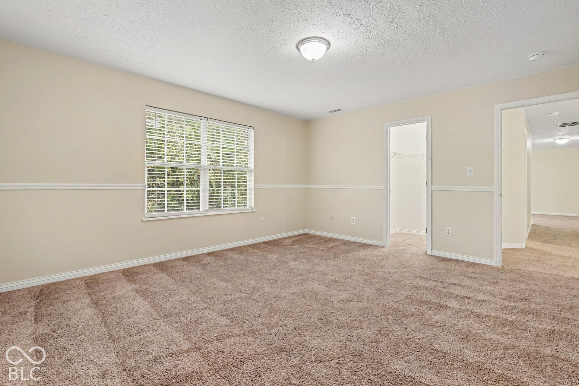 Neutral-toned interior featuring wall-to-wall carpeting, chair rail molding, and a multi-pane window with installed blinds