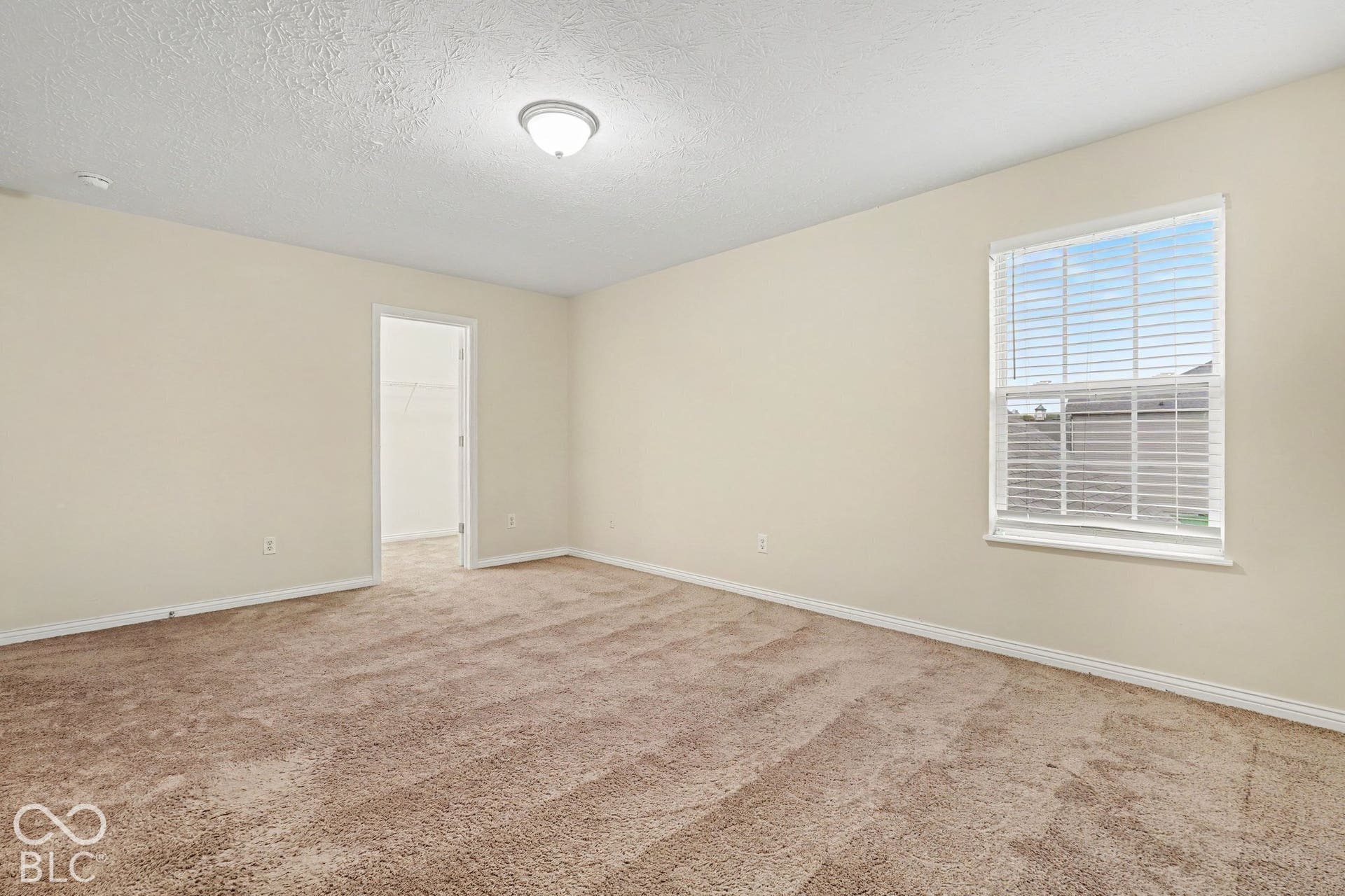 Neutral interior room featuring wall-to-wall carpeting, a single-window configuration with horizontal blinds, and a built-in walk-in closet