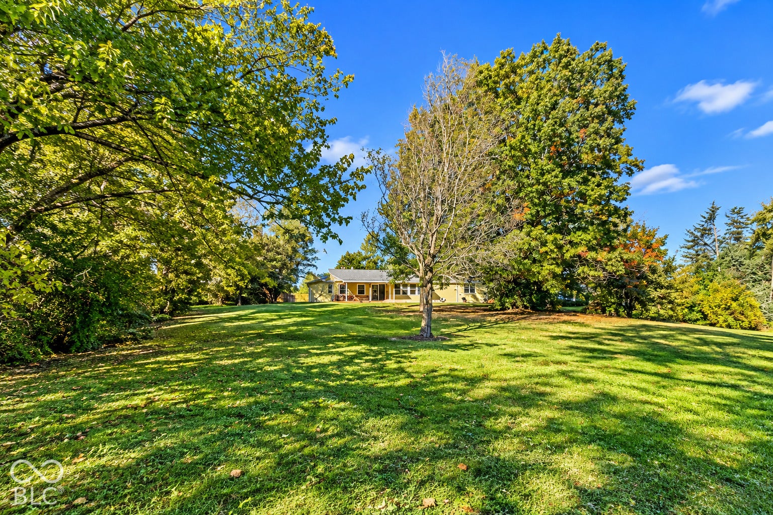 1802 Heather Court, Indianapolis, IN 46229 Virtually Altered - Expansive lot featuring a wide grassy lawn, mature trees, and a single-story structure with a covered porch