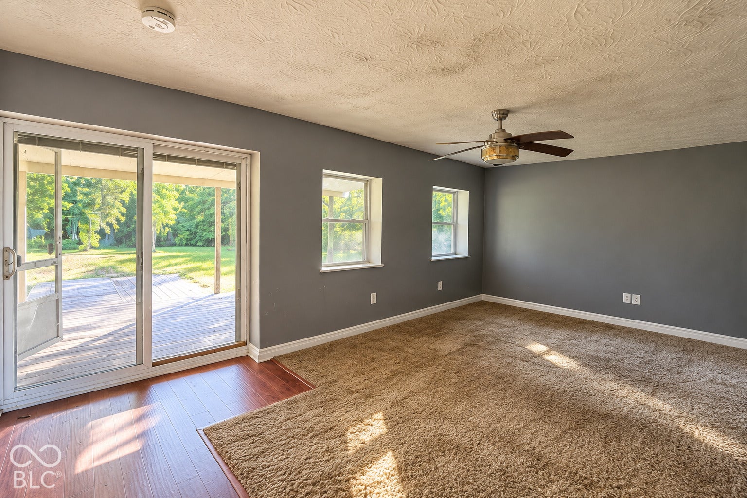 1802 Heather Court, Indianapolis, IN 46229 Virtually Altered - Interior space featuring sliding glass patio doors, wood-finish flooring, wall-to-wall carpeting, dual windows, and a ceiling fan with integrated lighting
