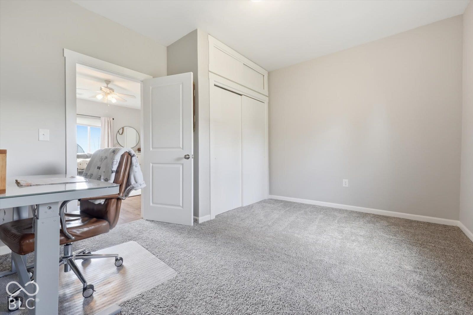 Neutral-toned interior featuring wall-to-wall carpeting, recessed panel closet doors, and overhead built-in storage cabinetry