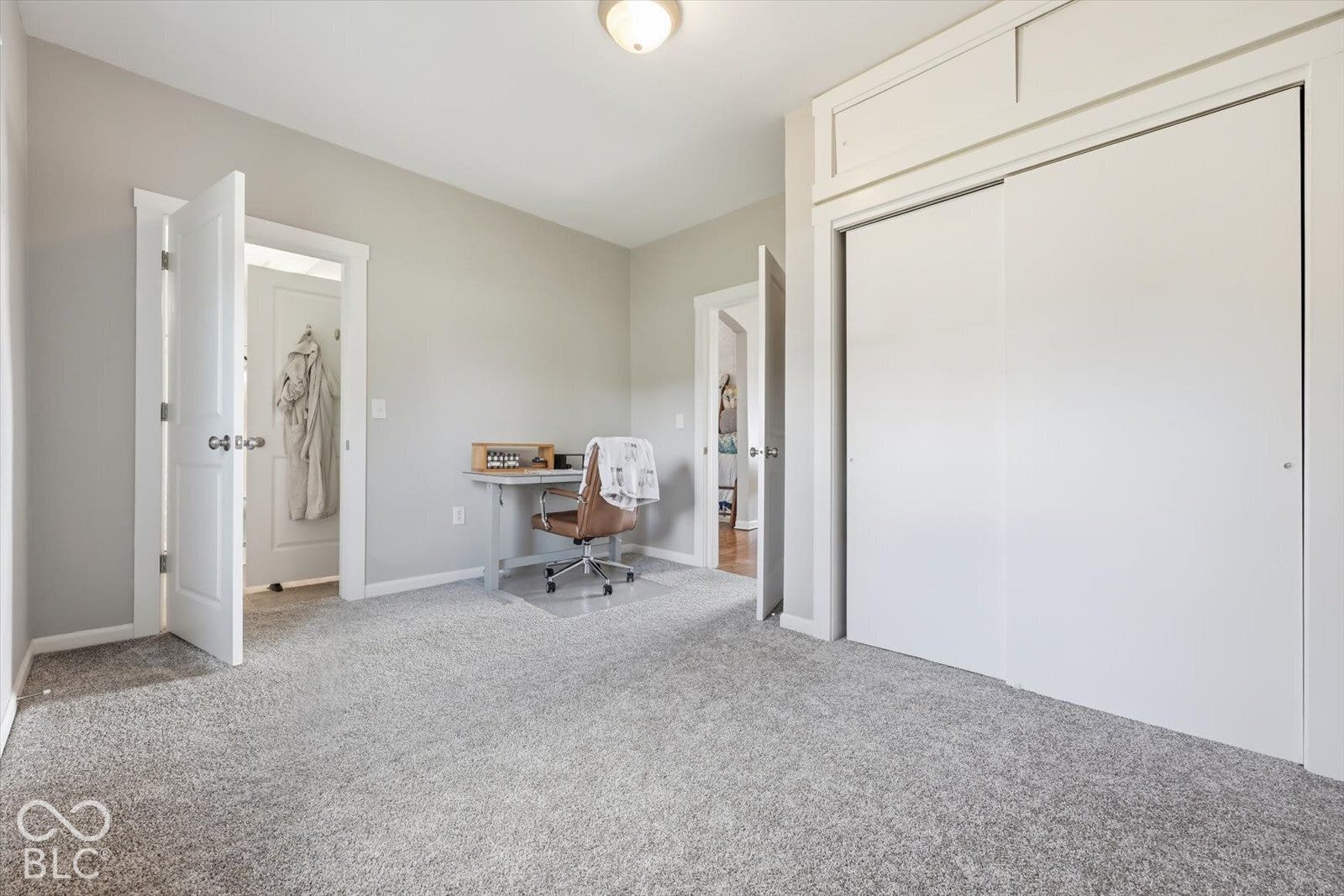 Neutral-toned interior featuring wall-to-wall carpeting, floor-to-ceiling closet with upper storage cabinet, and two-panel interior doors with satin nickel hardware