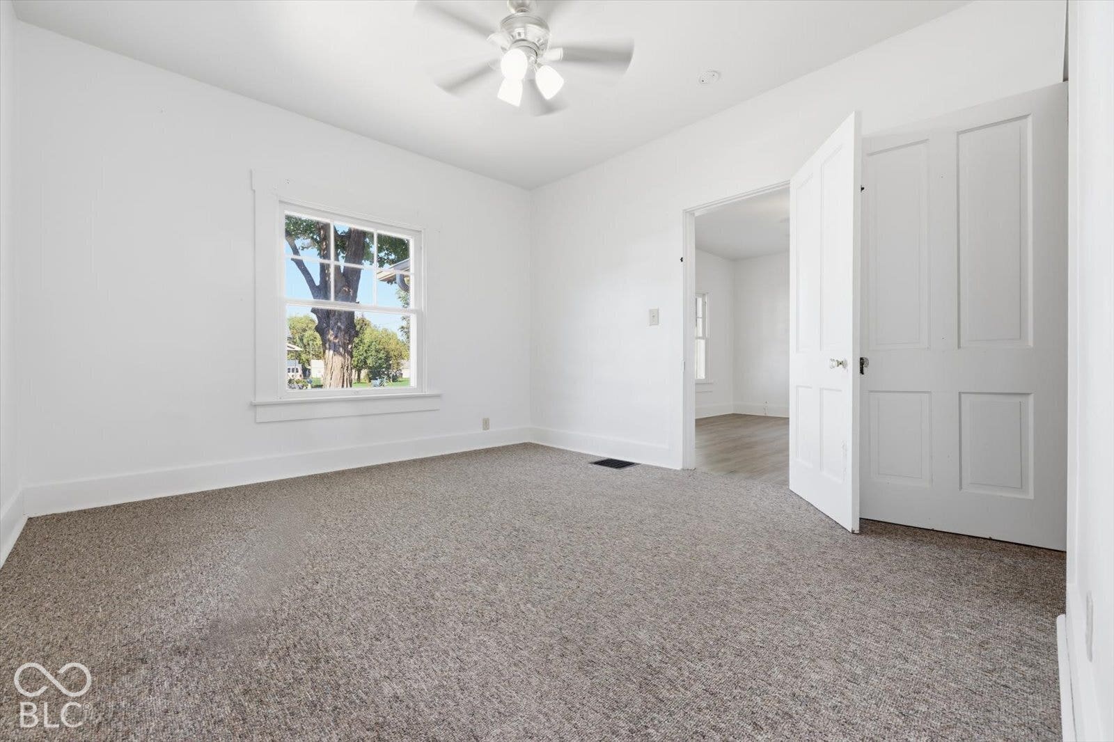 Neutral-toned carpeted flooring, multi-pane window with millwork trim, ceiling fan with integrated lighting, and a four-panel interior door