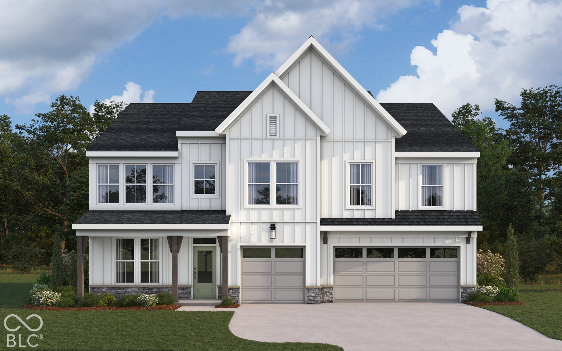 6214 Millstone Lane, McCordsville, IN 46055 Modern farmhouse exterior featuring vertical siding, a stone veneer foundation, a three-car garage, and a covered front porch with timber-style posts