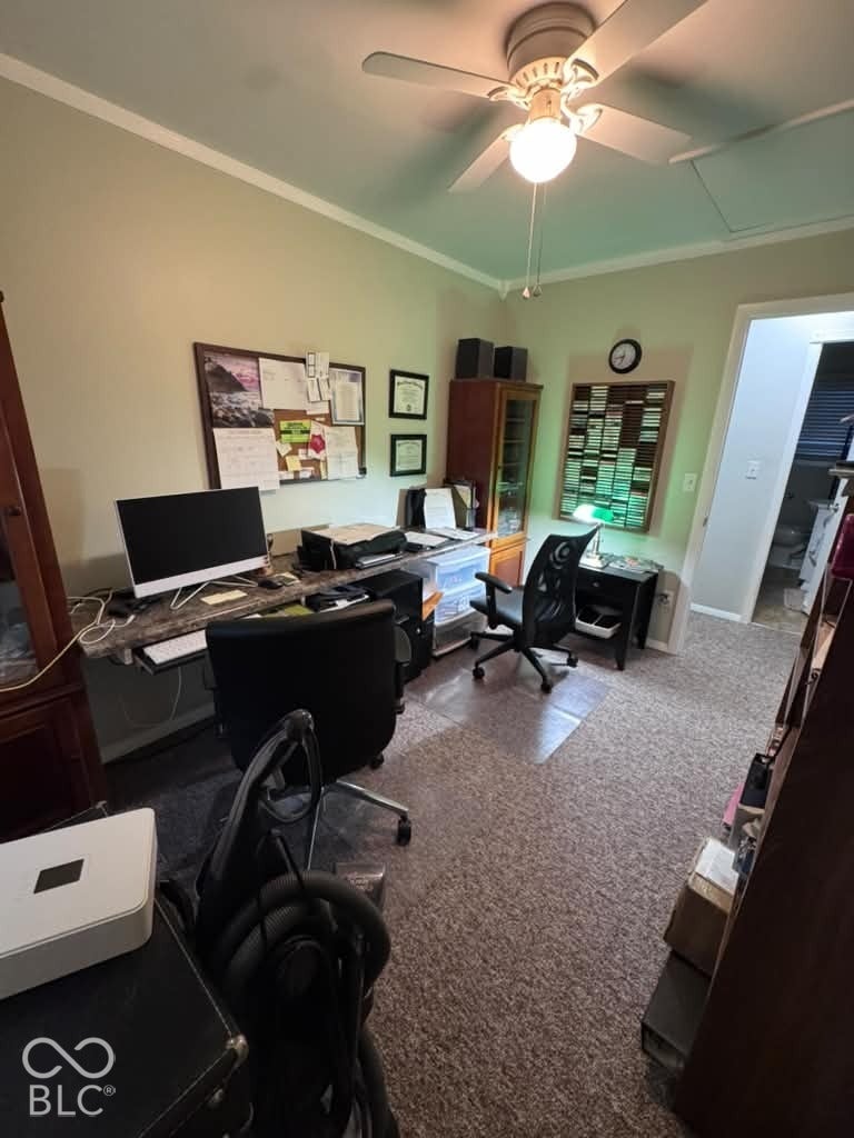 906 S Patterson, Lebanon, IN 46052 Carpeted office featuring a ceiling fan with integrated lighting and crown molding
