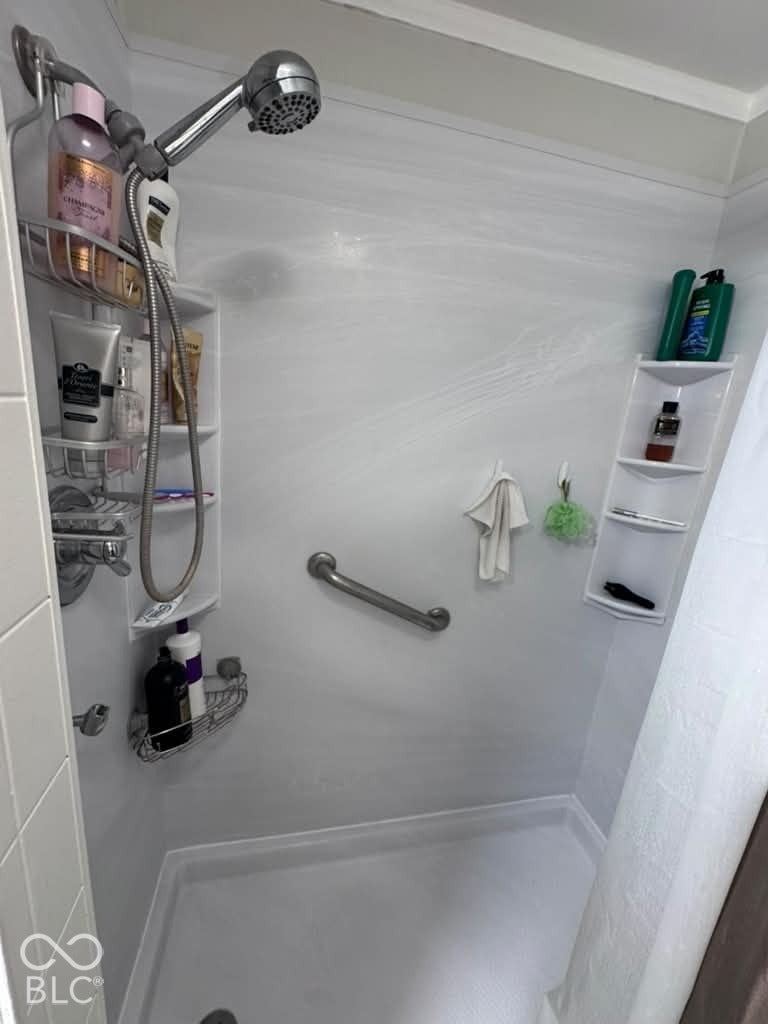 906 S Patterson, Lebanon, IN 46052 Shower enclosure with integrated shelving, adjustable handheld shower fixture, and wall-mounted stainless steel grab bar
