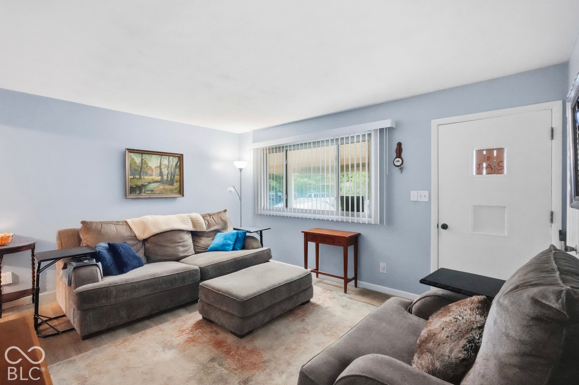 Interior space featuring neutral wall paint, vinyl plank flooring, and a large window equipped with vertical blinds. The white door is the front door.