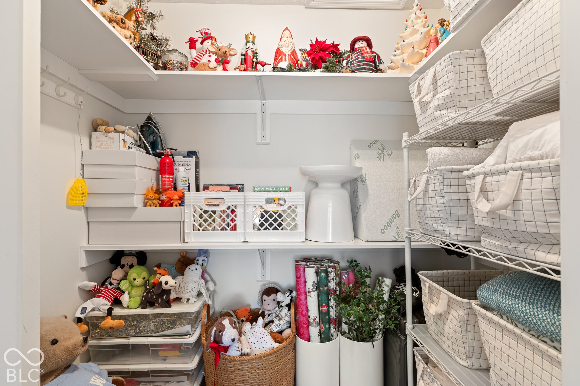 Storage area featuring tiered wall-mounted shelving and a white wire shelving system