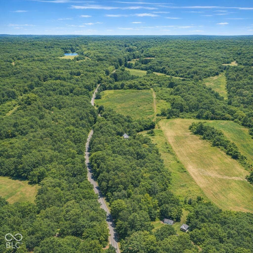 Expansive acreage featuring mature woodlands, open grass fields, and a private road