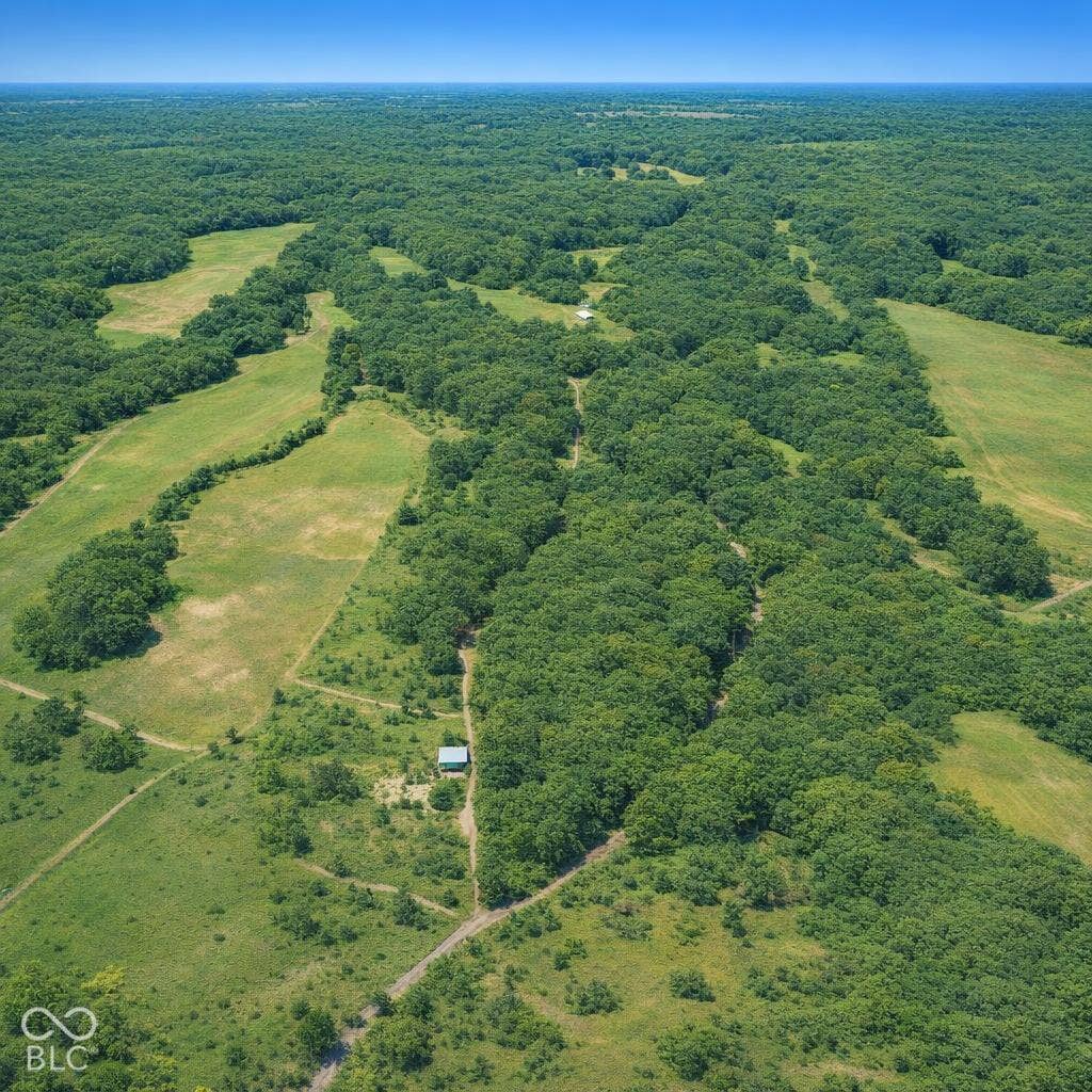 Aerial perspective of expansive acreage featuring vast open pastureland, dense mature woodlands, and established dirt paths