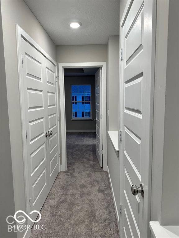 Hallway featuring neutral-toned carpeting, white six-panel doors with metallic hardware, and recessed lighting