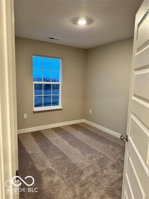 Neutral-toned interior space featuring carpeting, a single-hung window with a grille pattern, and a paneled door