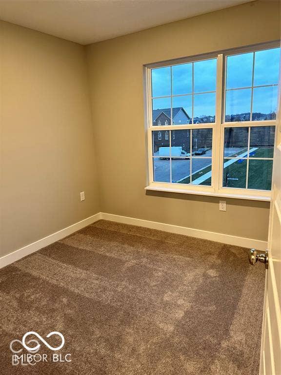 Neutral-toned interior room featuring wall-to-wall carpeting and a large double-hung window with muntin detailing