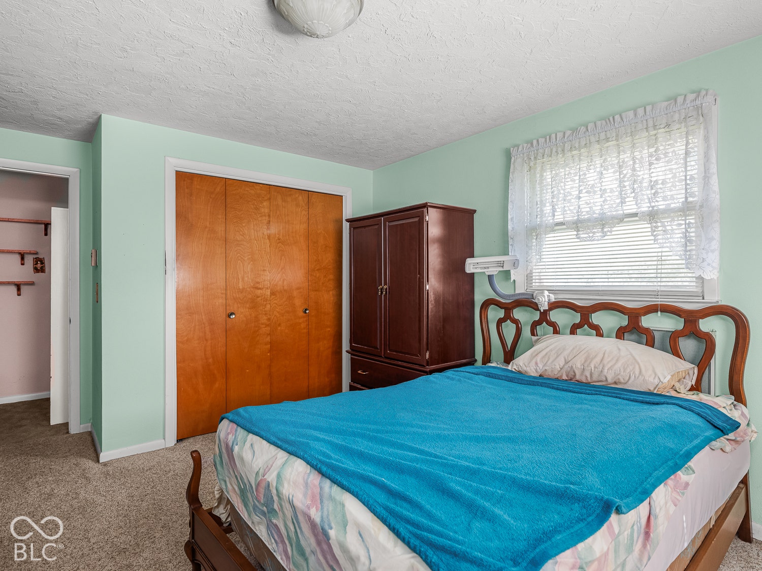 Bedroom featuring a triple-panel wood closet, carpeted flooring, neutral wall finish, and a window with blinds