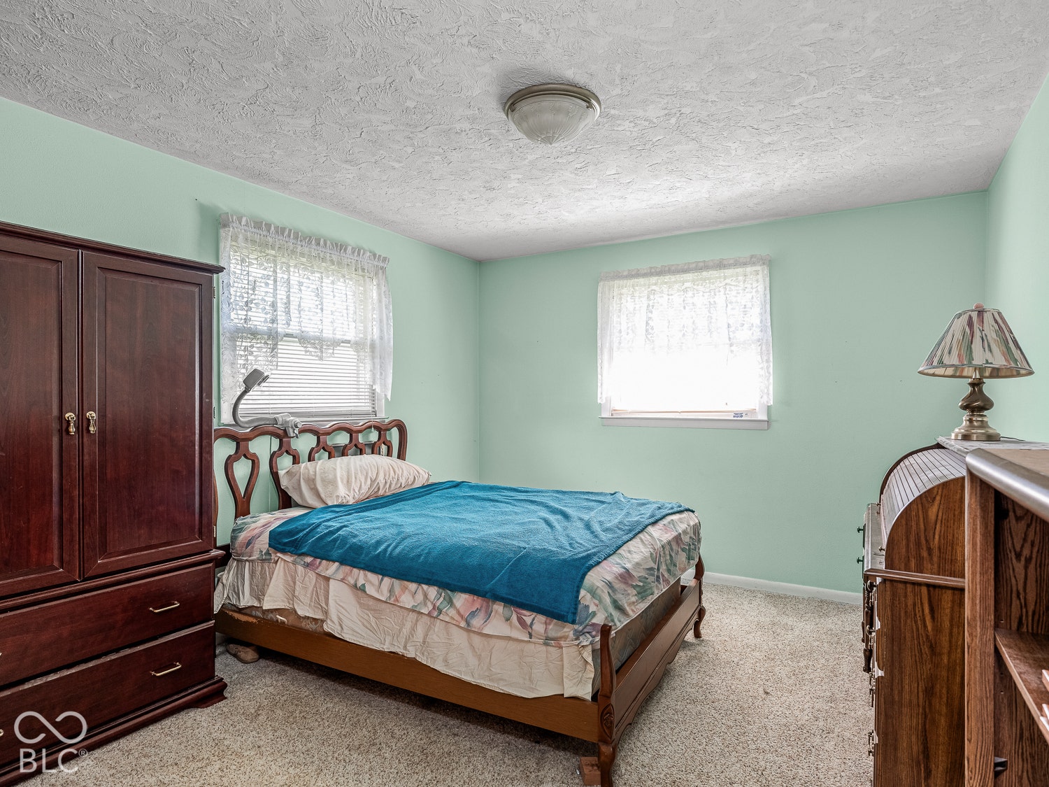 Bedroom featuring wall-to-wall carpeting, two dual-pane windows, and a central ceiling-mounted light fixture