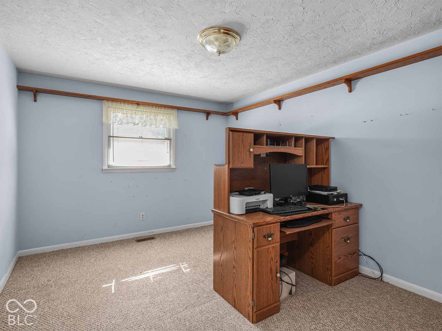 Room featuring wall-to-wall carpeting, wood-finish wall-mounted shelving, and a single-hung window with a flush-mount ceiling light fixture