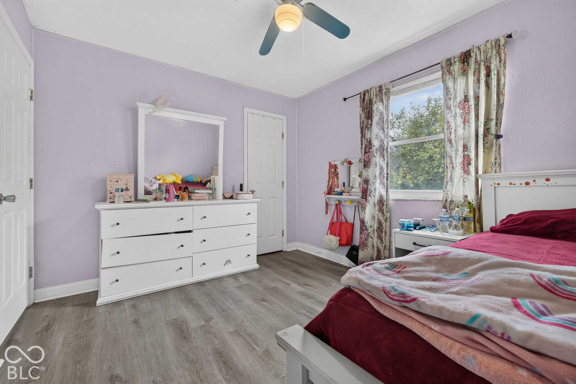 Wood-finish flooring, central ceiling fan, and multi-panel interior doors