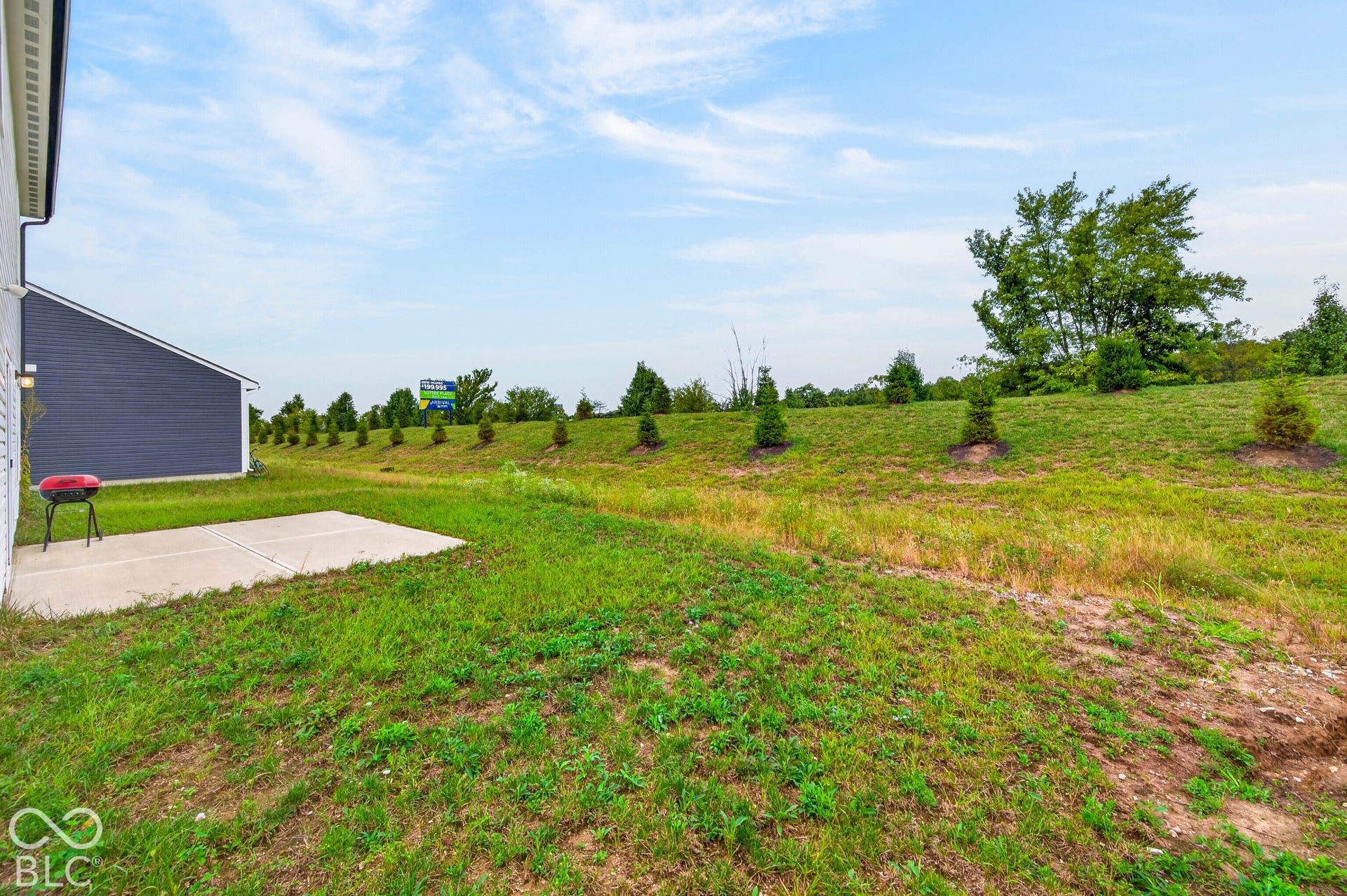 Concrete patio featuring an expansive lawn, sloped landscape, and mature coniferous trees