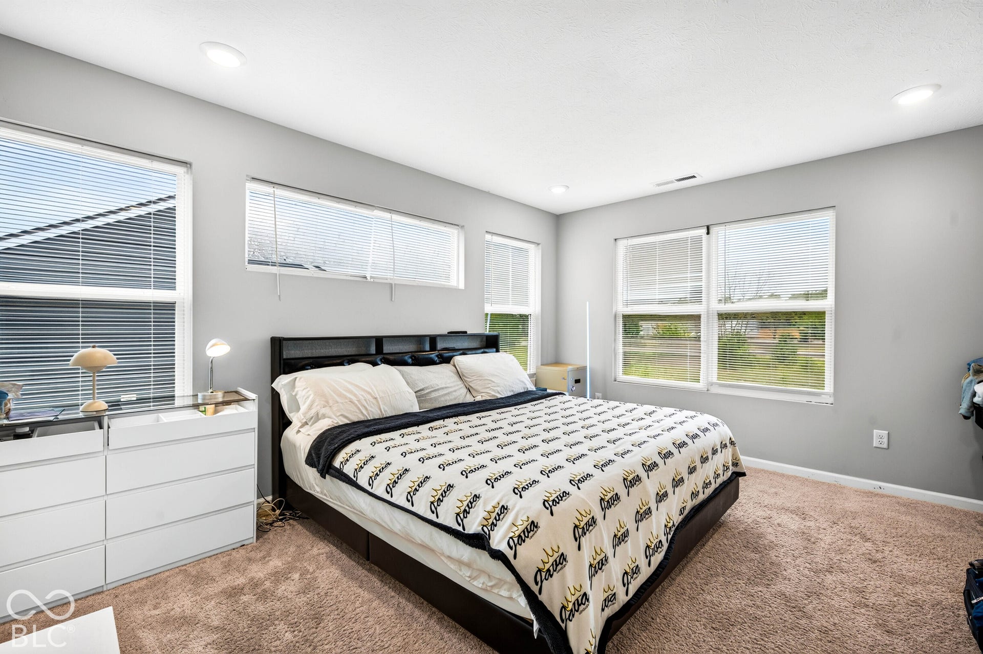 Neutral-toned bedroom featuring carpeting, multiple windows providing natural lighting, and recessed ceiling lighting