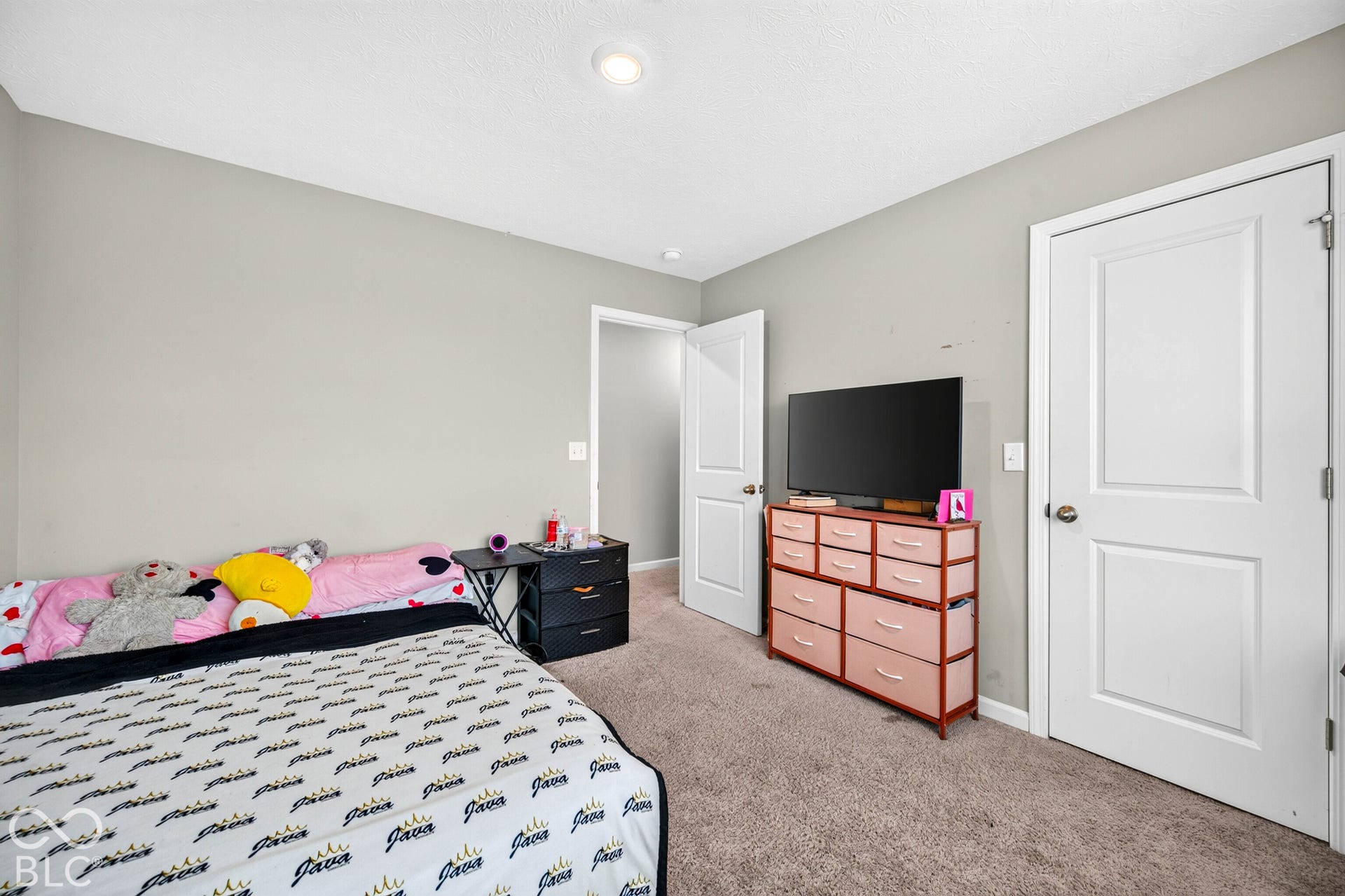 Room featuring neutral wall paint, carpeted flooring, two paneled interior doors, and recessed ceiling lighting