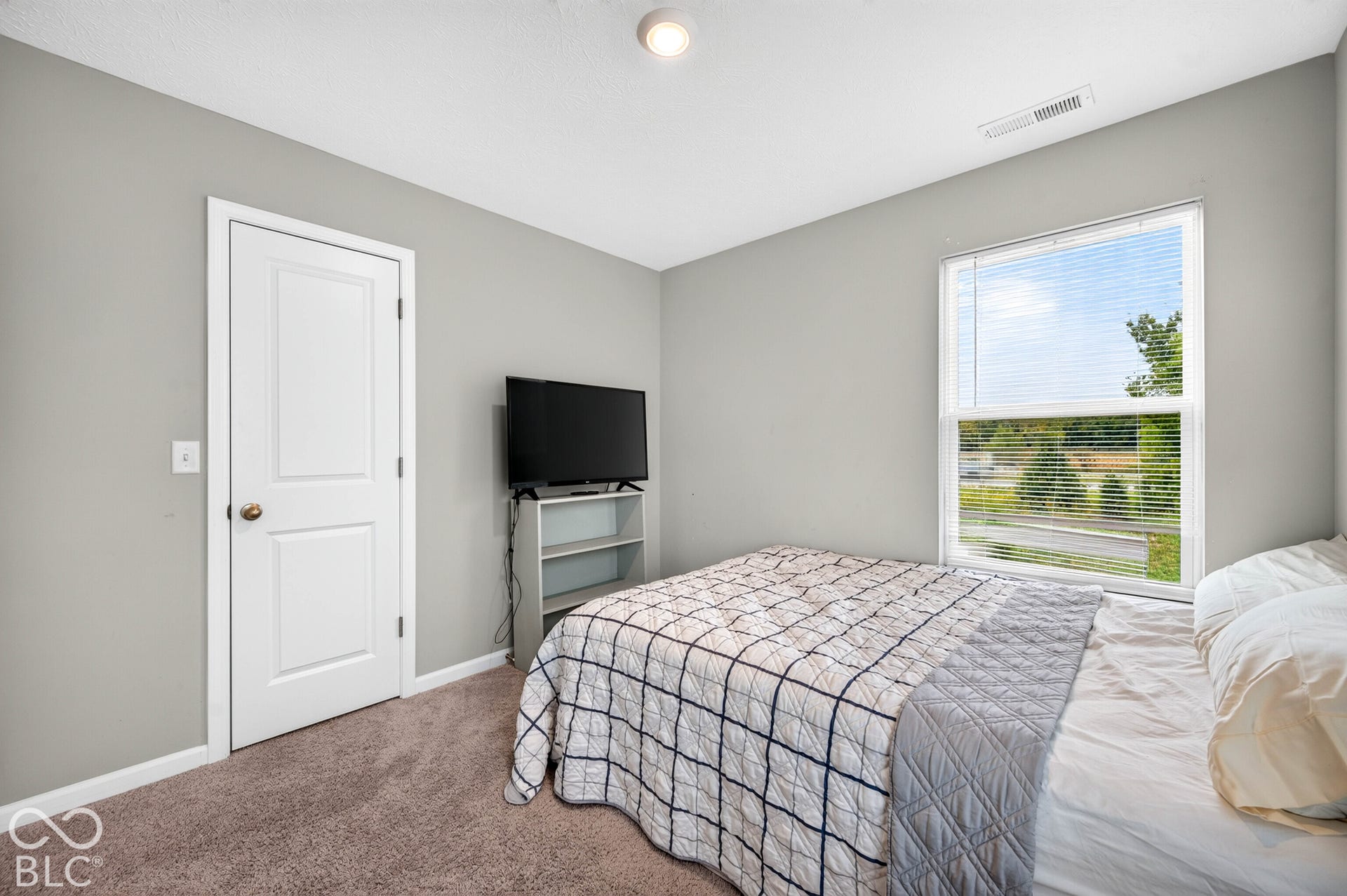 Neutral-toned interior room featuring wall-to-wall carpeting, a single-hung window, and a multi-panel interior door
