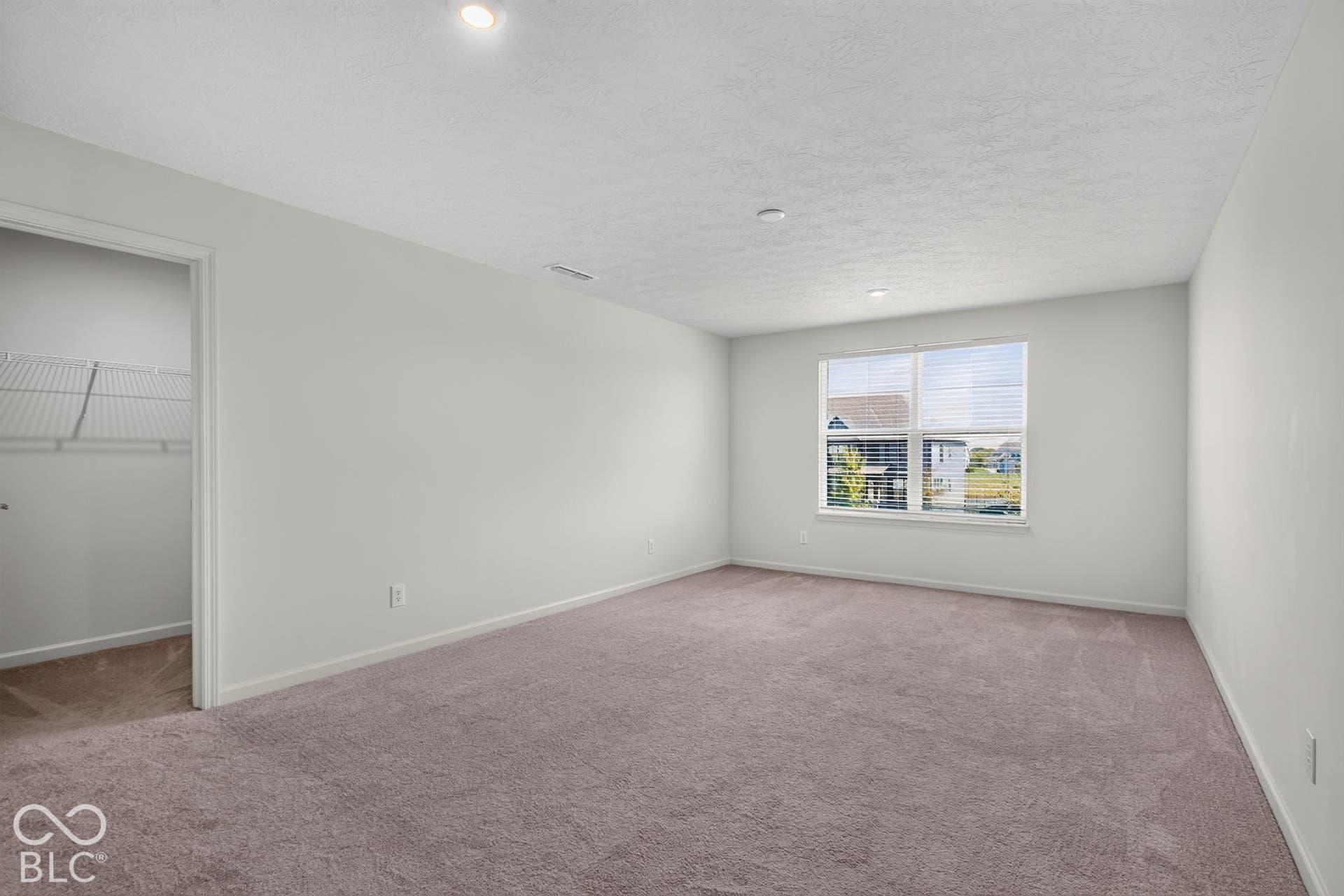 Neutral-toned interior space featuring wall-to-wall carpeting, recessed ceiling lighting, and a reach-in closet with built-in wire shelving