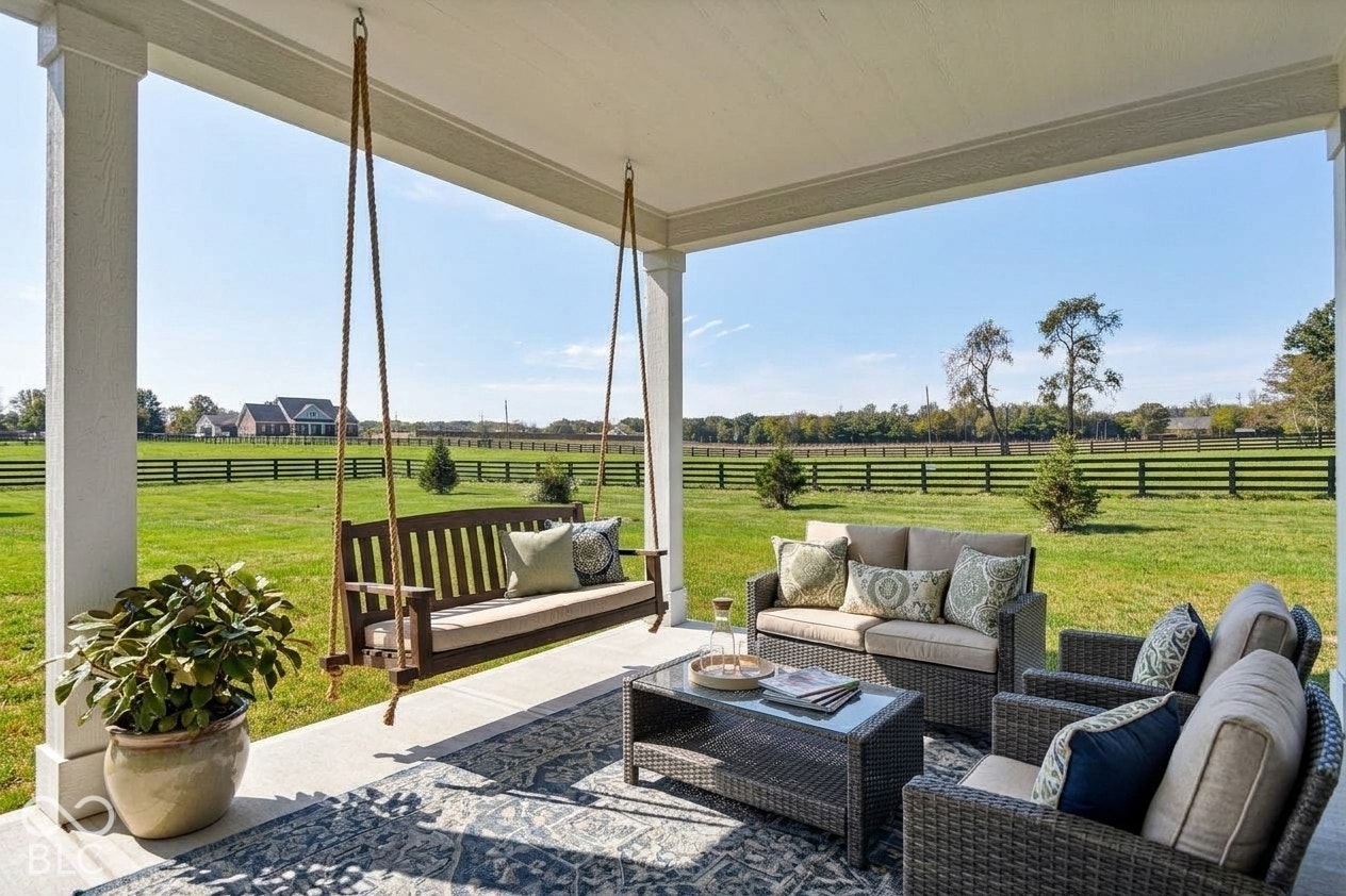 Virtually Altered - Covered patio featuring a concrete floor, structural support columns, a suspended wooden bench, and expansive acreage enclosed by timber fencing