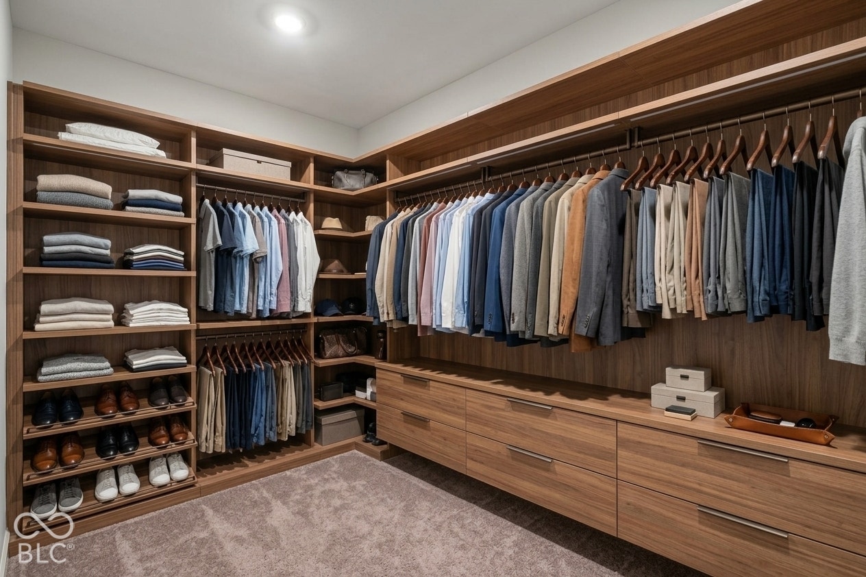 Virtually Altered - Custom wood-finish cabinetry featuring extensive hanging rods, open shelving, and integrated deep-storage drawers with sleek hardware