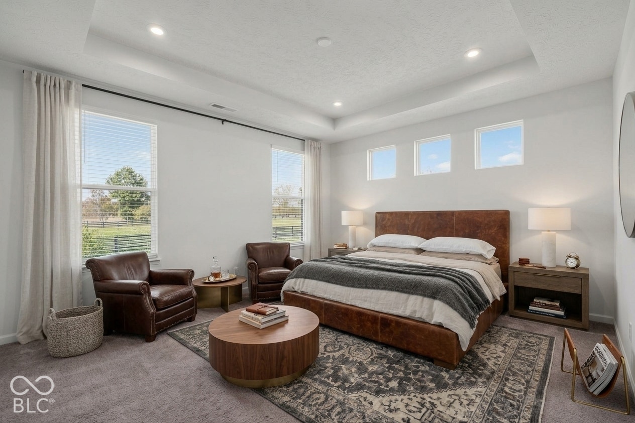 Virtually Altered - Tray ceiling featuring recessed lighting and three transom windows