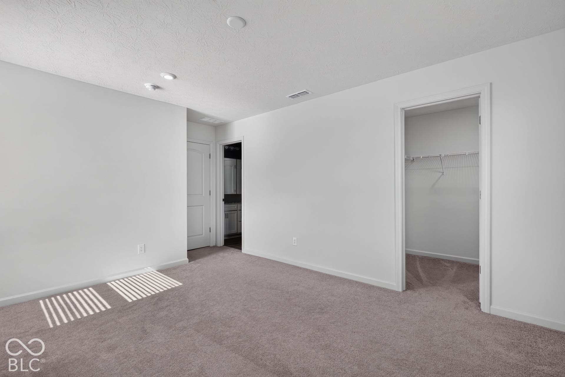 Neutral-toned carpeting, crisp white walls, interior doorway with a solid-panel door, and a reach-in closet featuring wire shelving