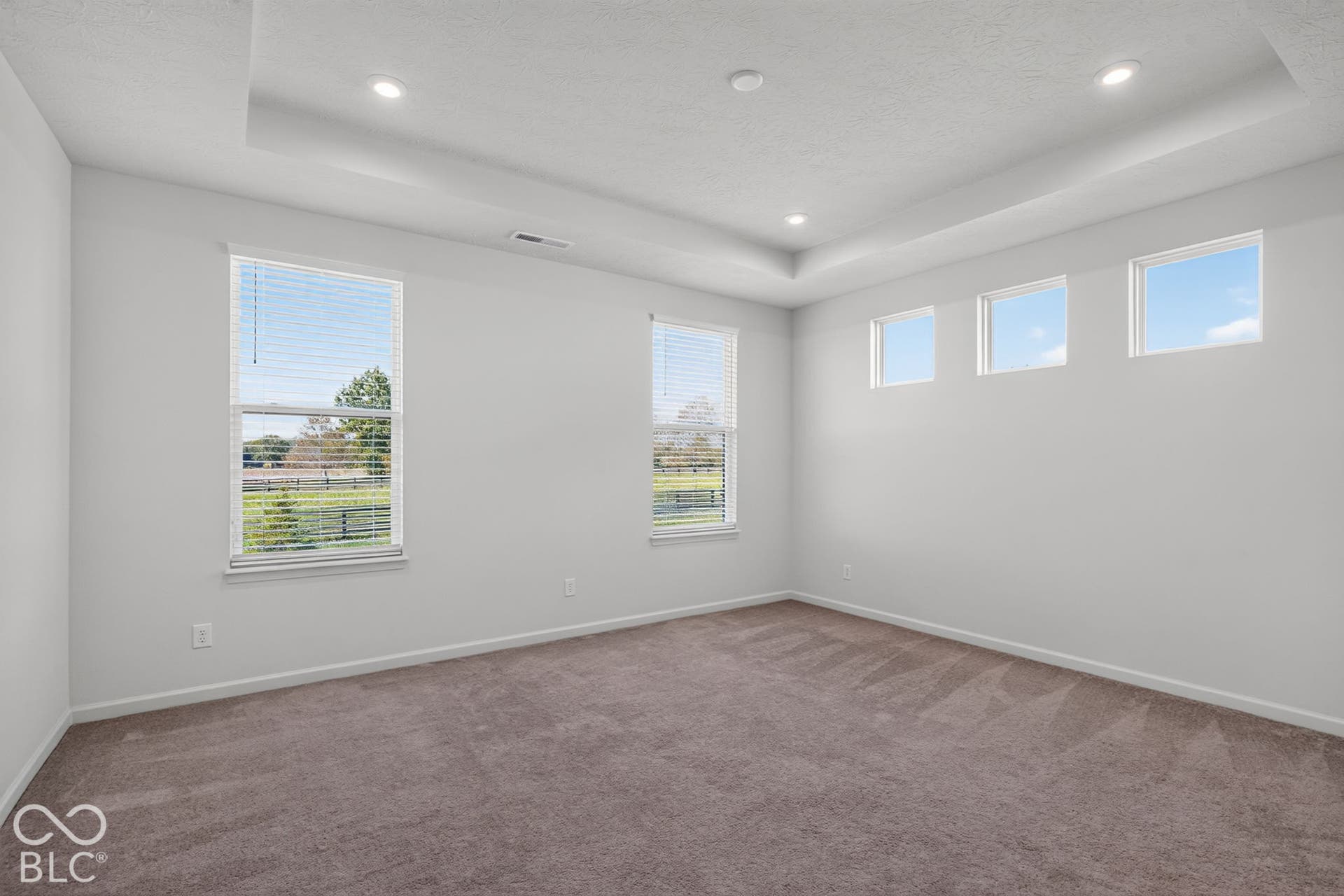 Interior room featuring a tray ceiling, recessed lighting, carpeted flooring, and multiple windows