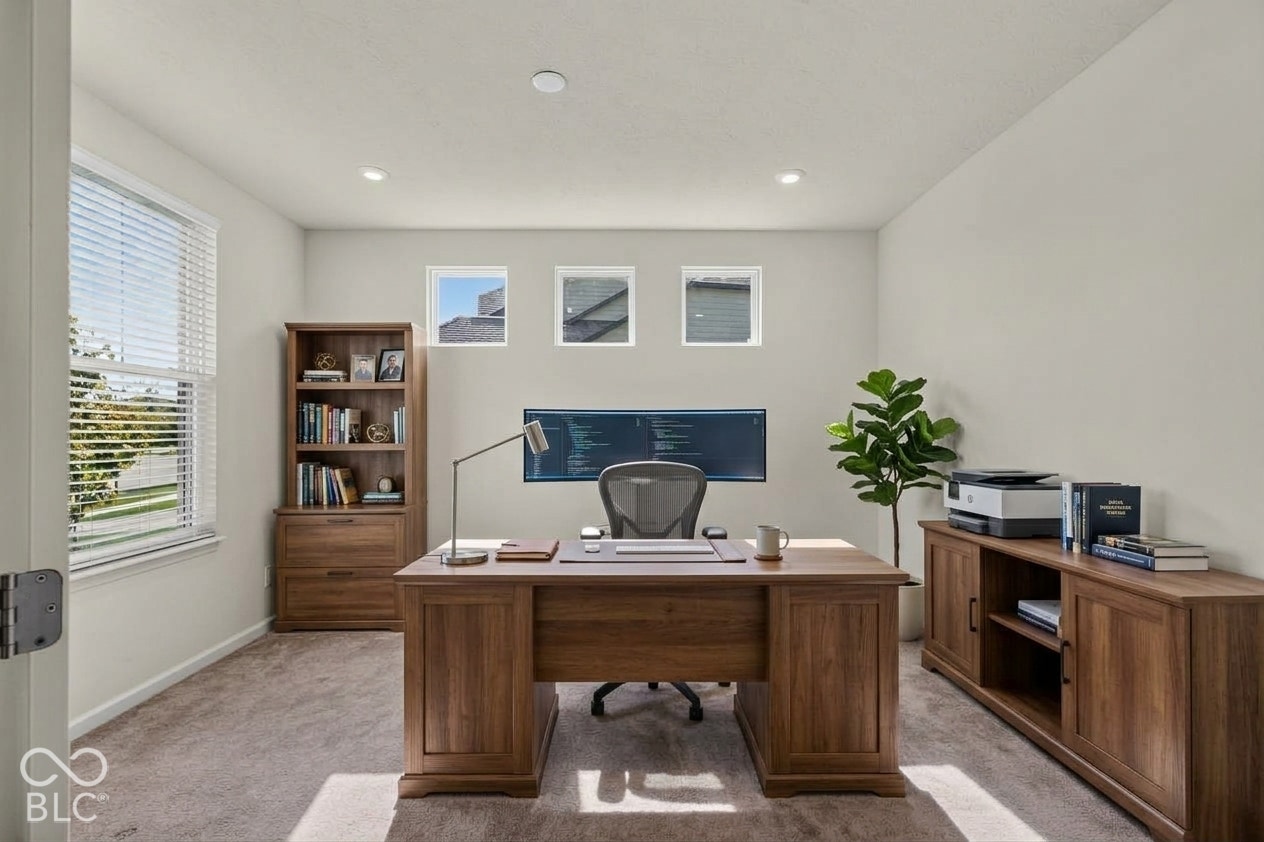 Virtually Altered - Room featuring neutral-toned carpeting, recessed lighting, horizontal window blinds, and a trio of square upper windows