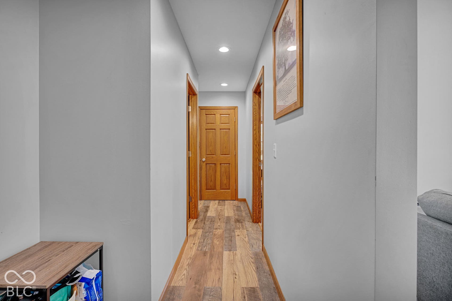 Hallway featuring wood-finish flooring, recessed lighting, and solid wood interior doors with matching trim