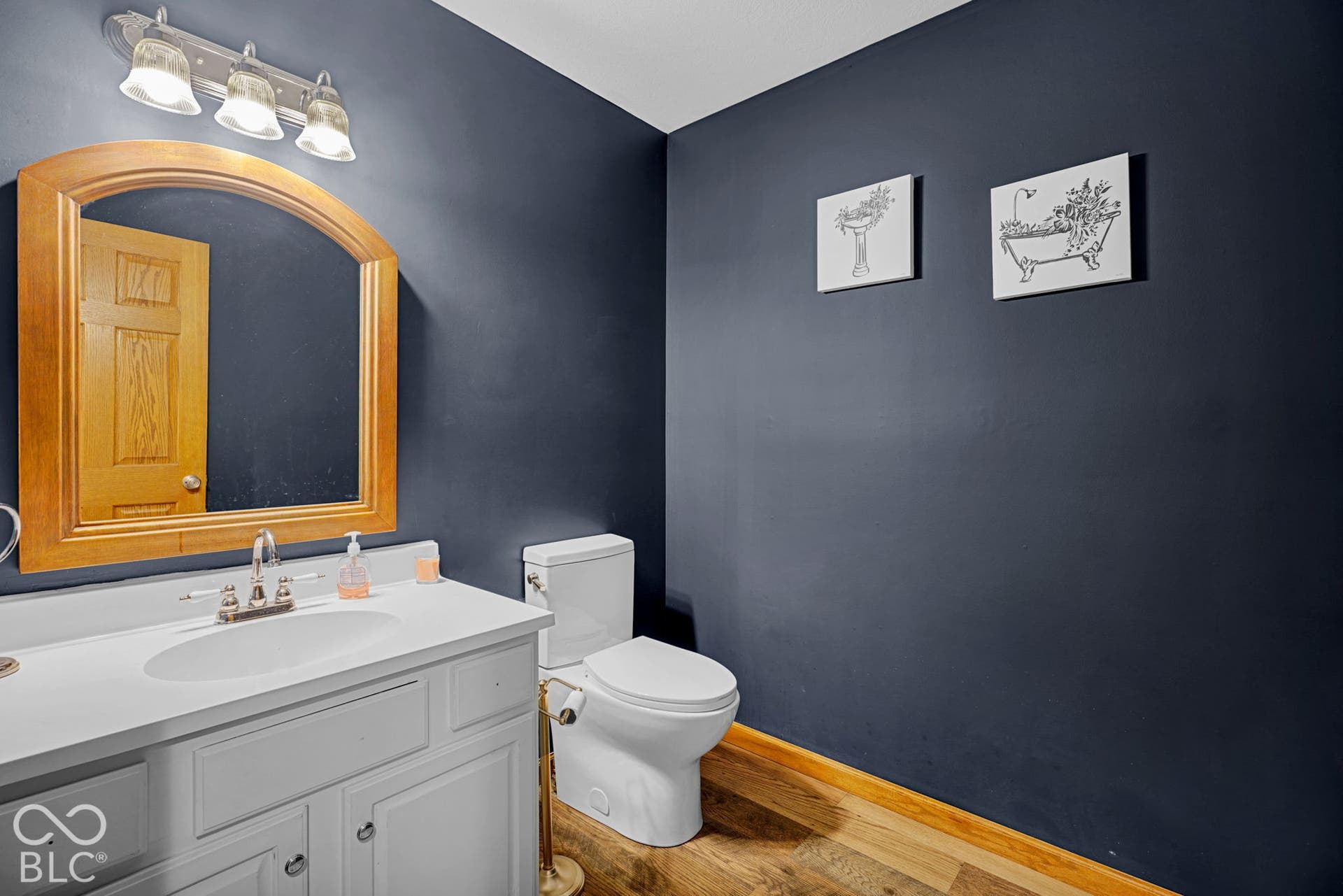 Bathroom featuring a white vanity with integrated oval sink, arched-top wall mirror with wood frame, three-bulb vanity light fixture, and wood-finish flooring