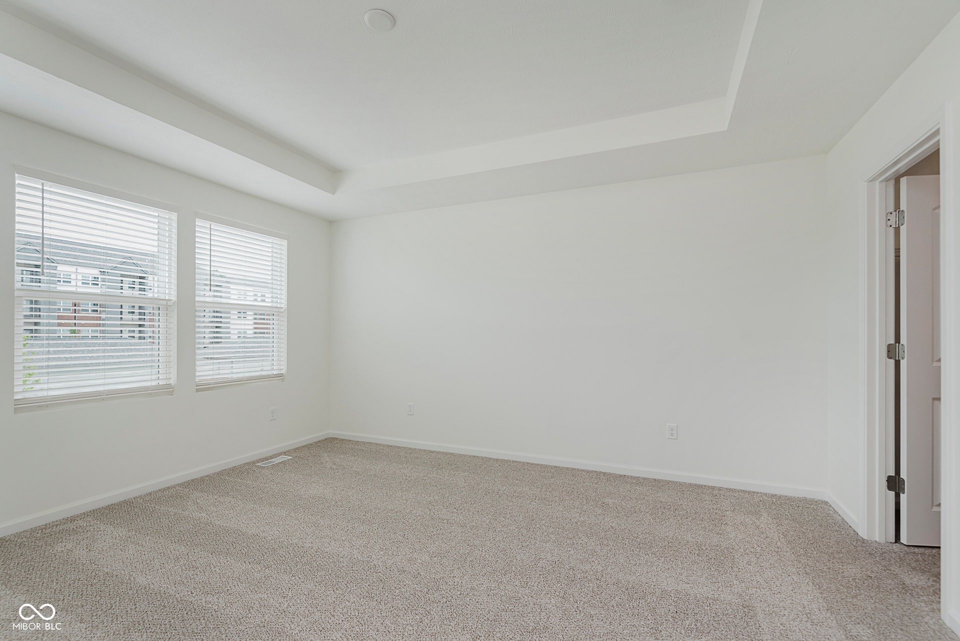 carpeted empty room with a tray ceiling