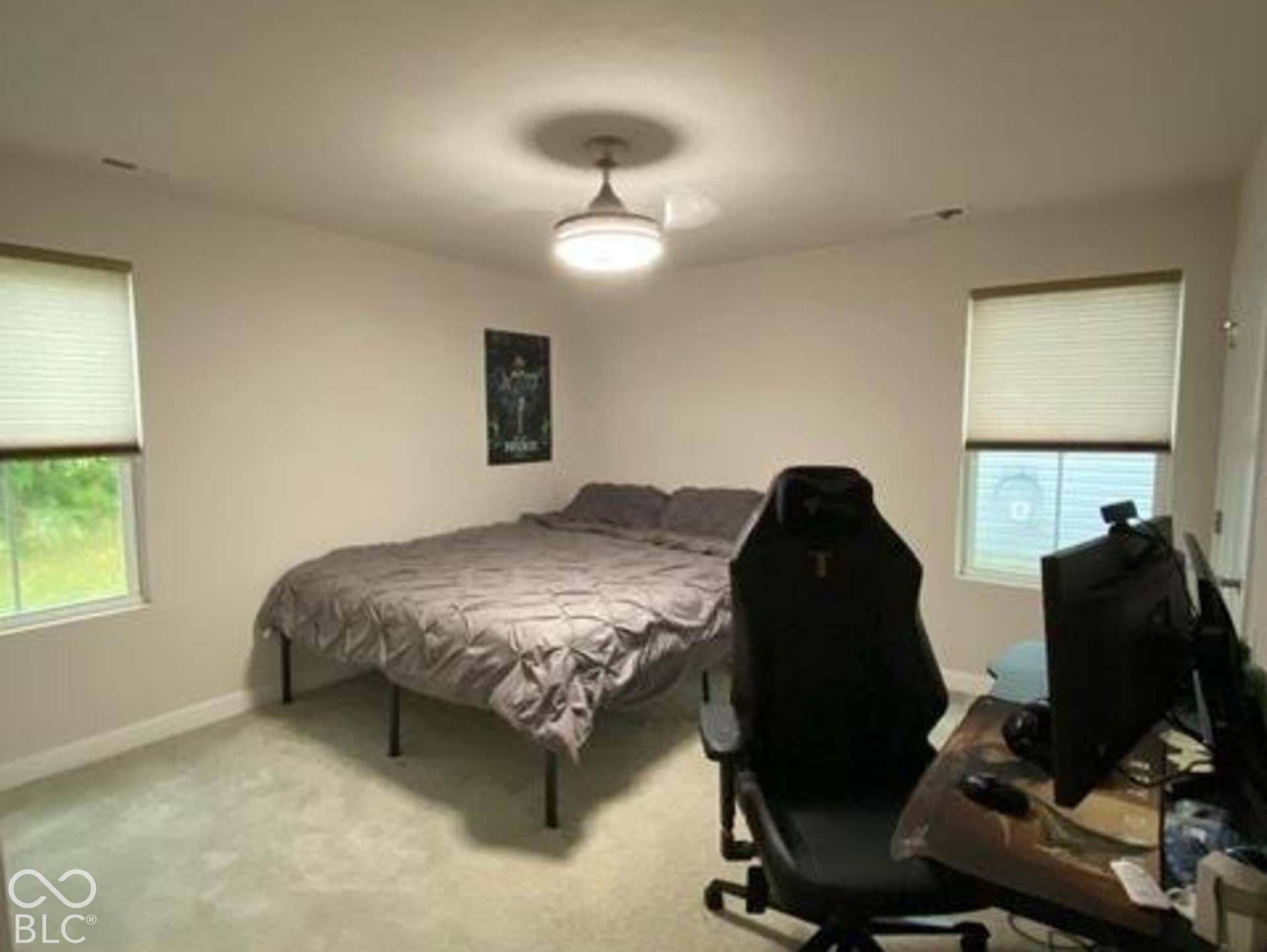 Neutral interior featuring wall-to-wall carpeting, two dual-pane windows with cellular shades, and a central ceiling fan with an integrated light fixture