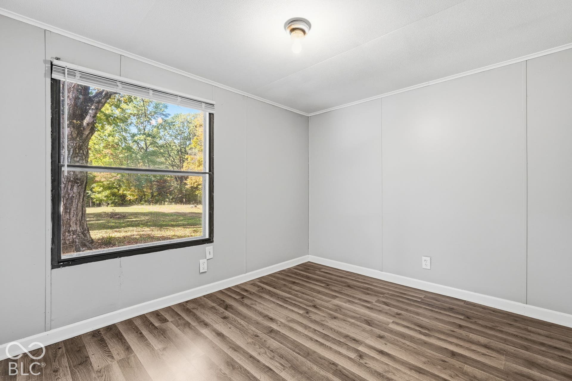 Neutral wall finishes, wood-finish flooring, a single-pane window with dark trim, and a ceiling-mounted light fixture