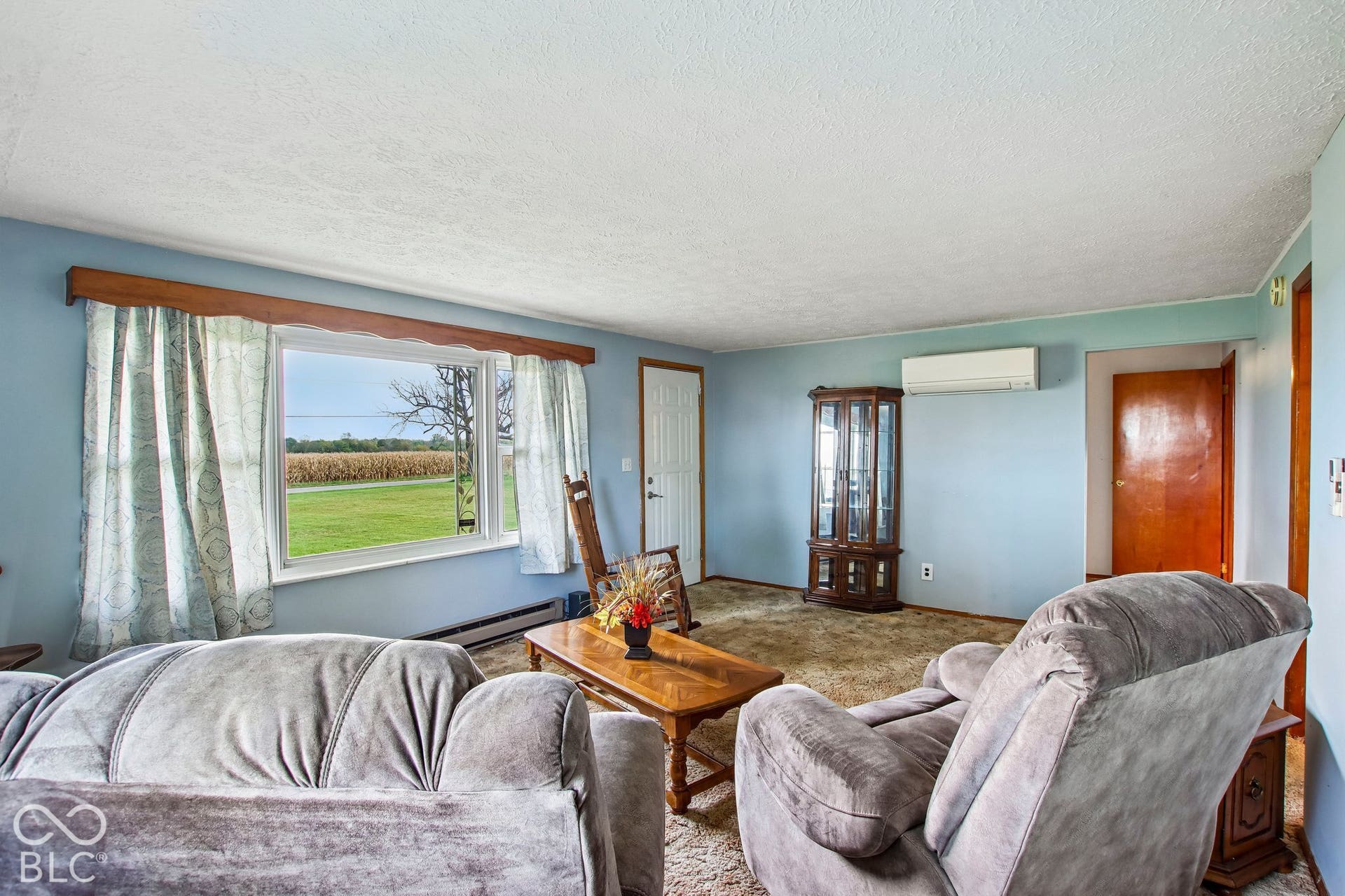 4469 E 400 S, Franklin, IN 46131 Large picture window with a wooden valance, wall-mounted ductless climate control unit, and carpeting