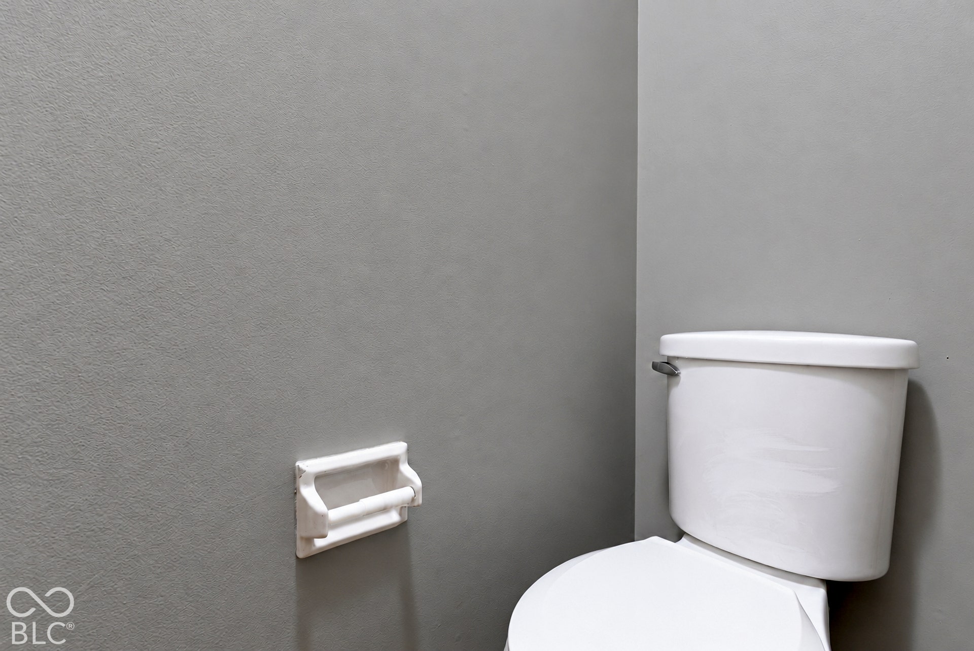 White porcelain toilet with a chrome flush lever, accompanied by a recessed white wall-mounted toilet paper holder