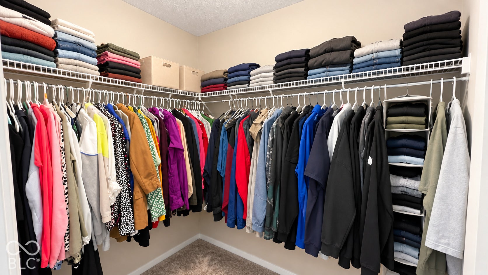 Walk-in closet featuring tiered wire shelving and integrated hanging rods