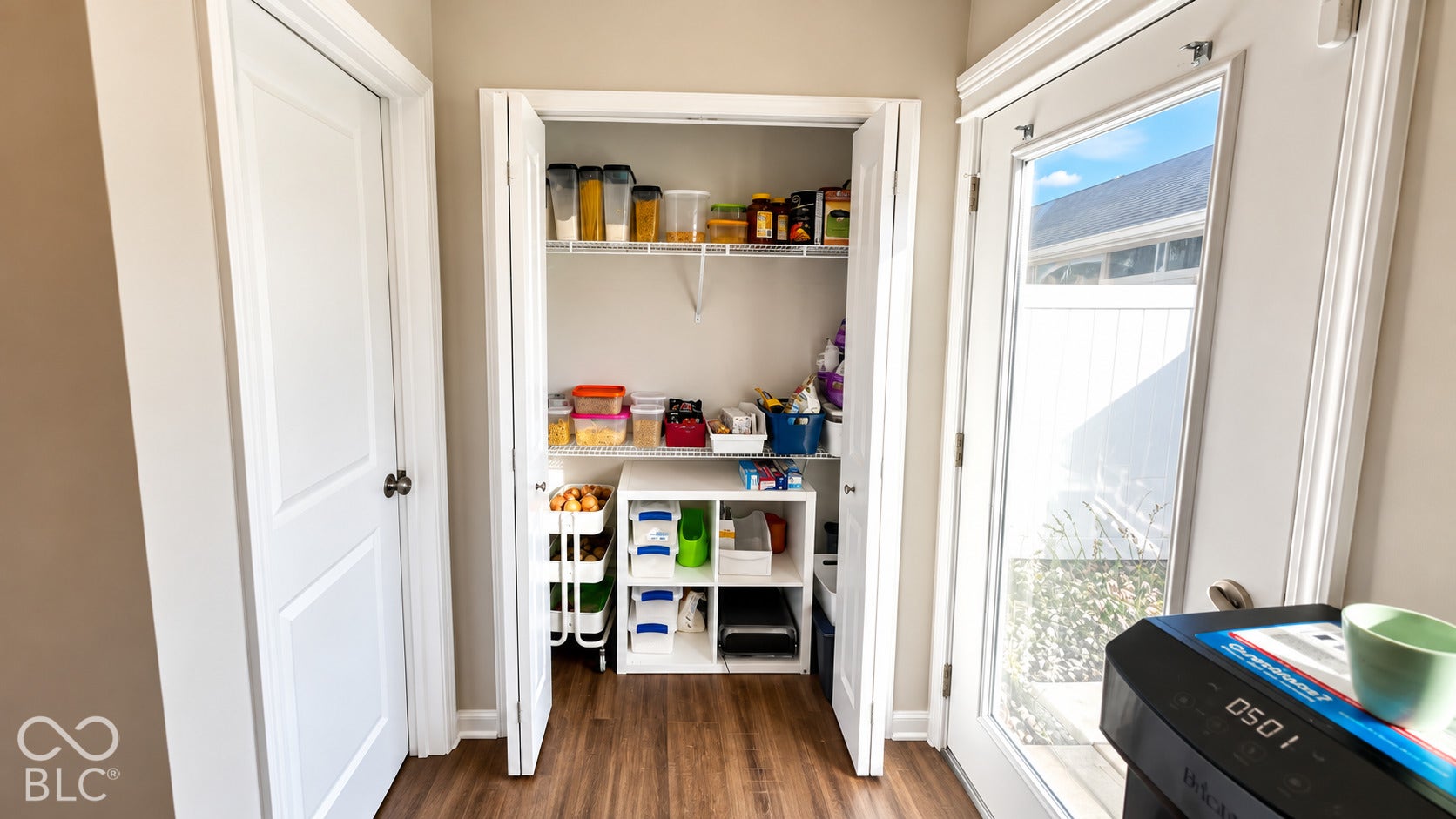 Built-in storage closet with multi-tier wire shelving, wood-finish flooring, and glass-paneled exterior door