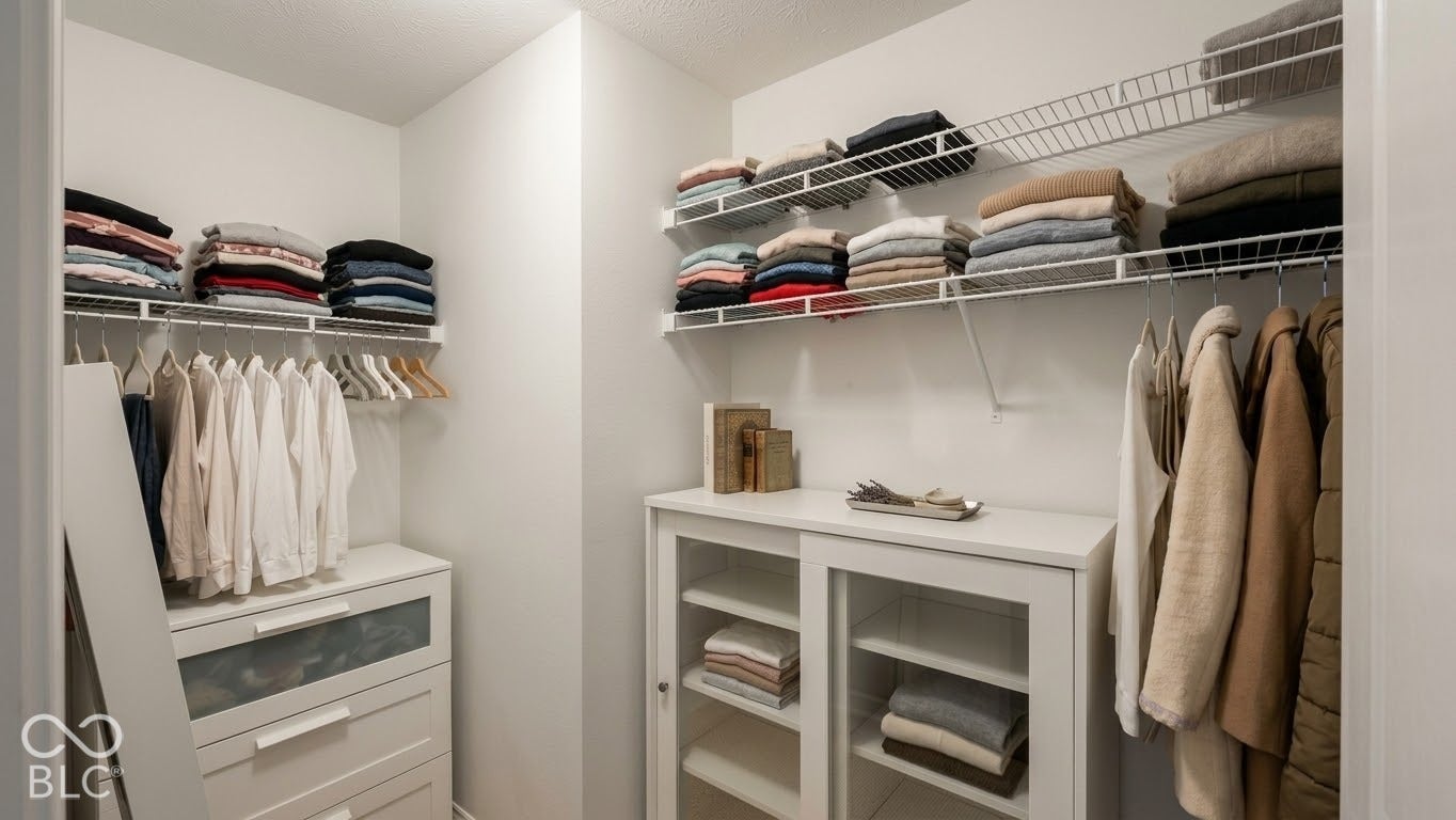 Walk-in closet featuring white built-in cabinetry, wire shelving, and glass-paneled cabinet doors
