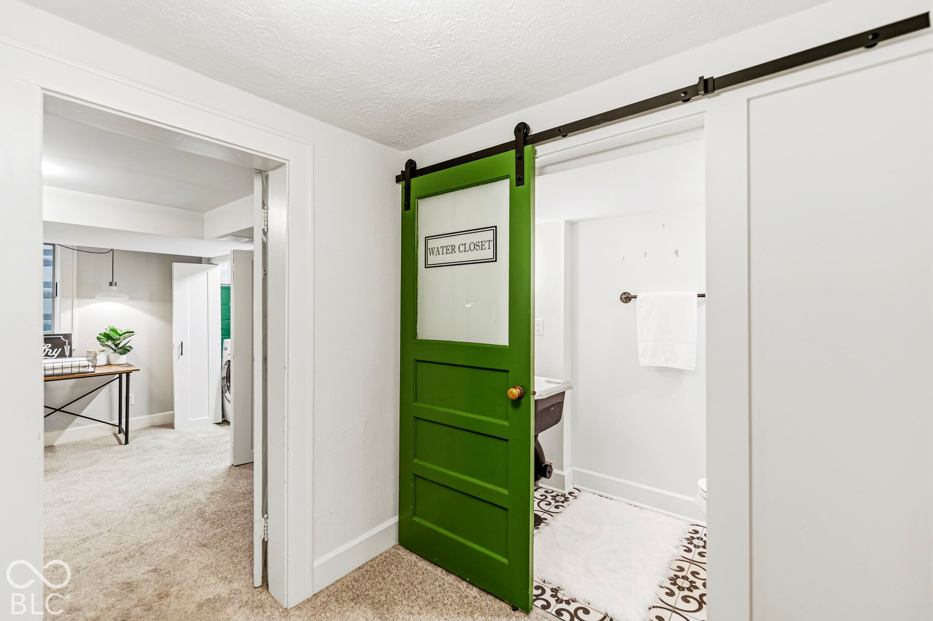 Green sliding barn door with a frosted glass panel and black metal hardware, patterned floor tile, and wall-mounted metal towel hardware