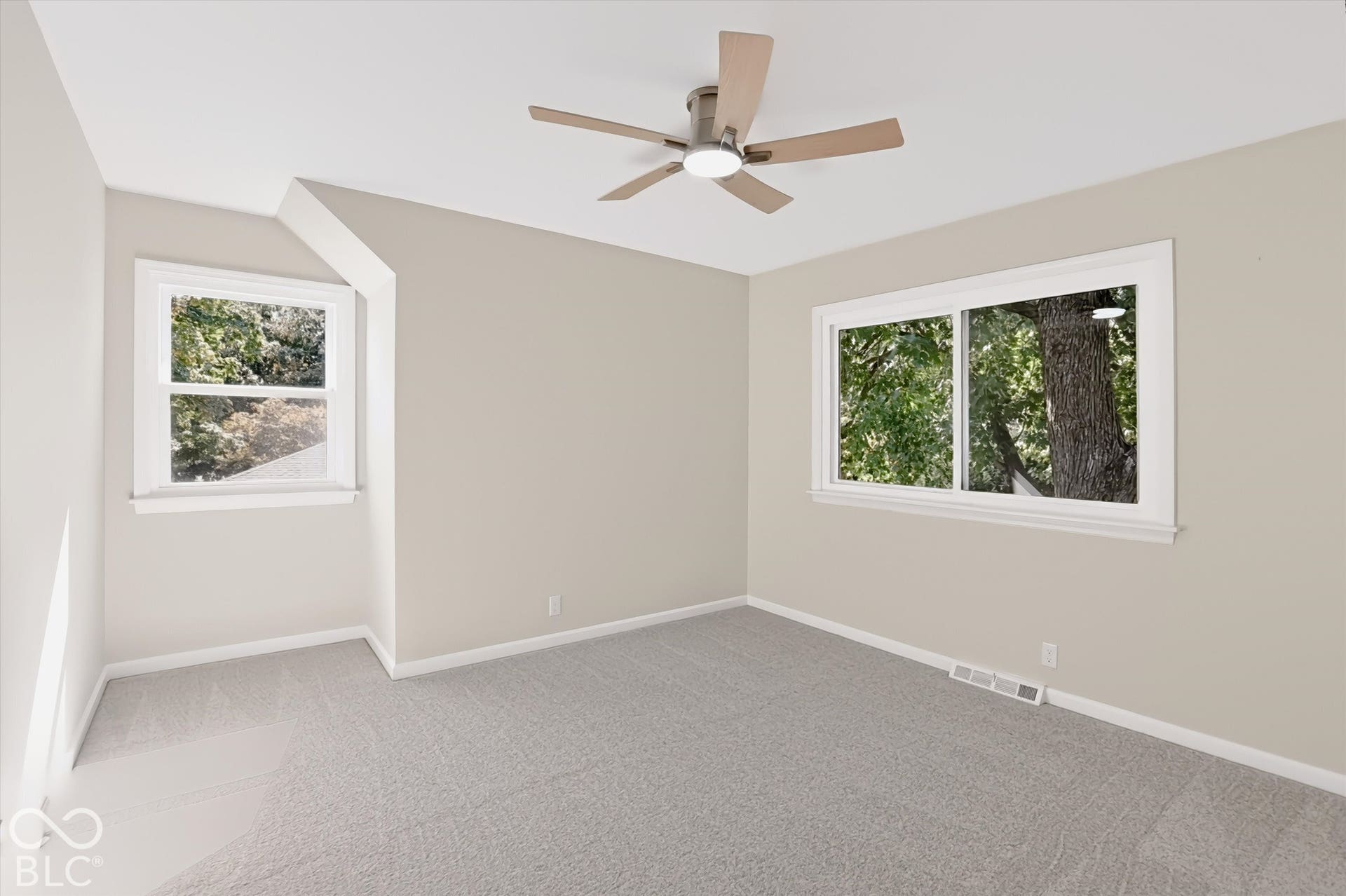 Neutral-toned interior featuring wall-to-wall carpeting, a multi-blade ceiling fan with integrated lighting, and dual windows