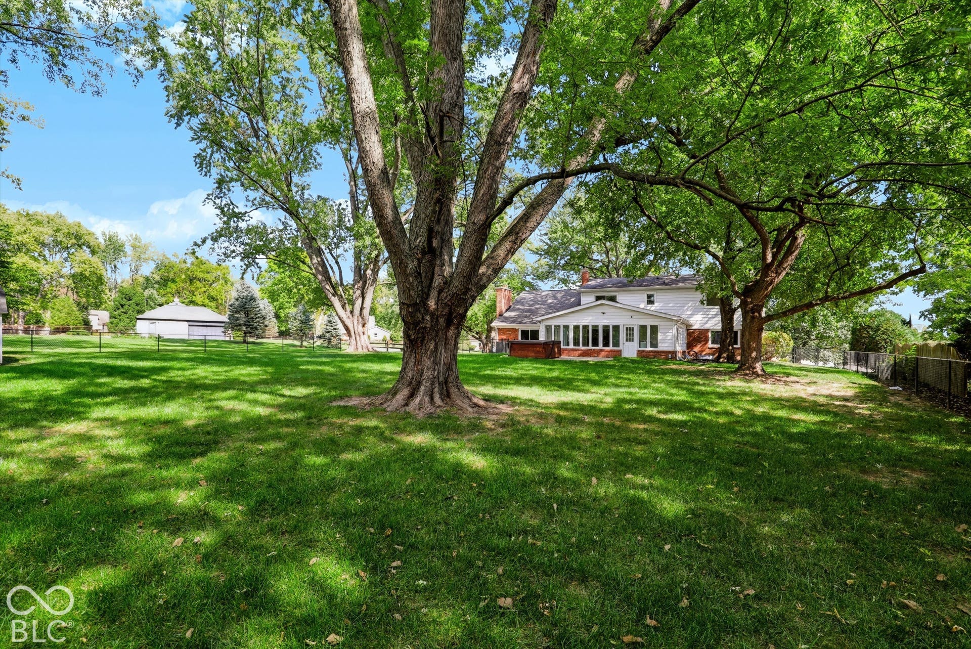 Expansive backyard featuring mature shade trees, a manicured lawn, and perimeter fencing