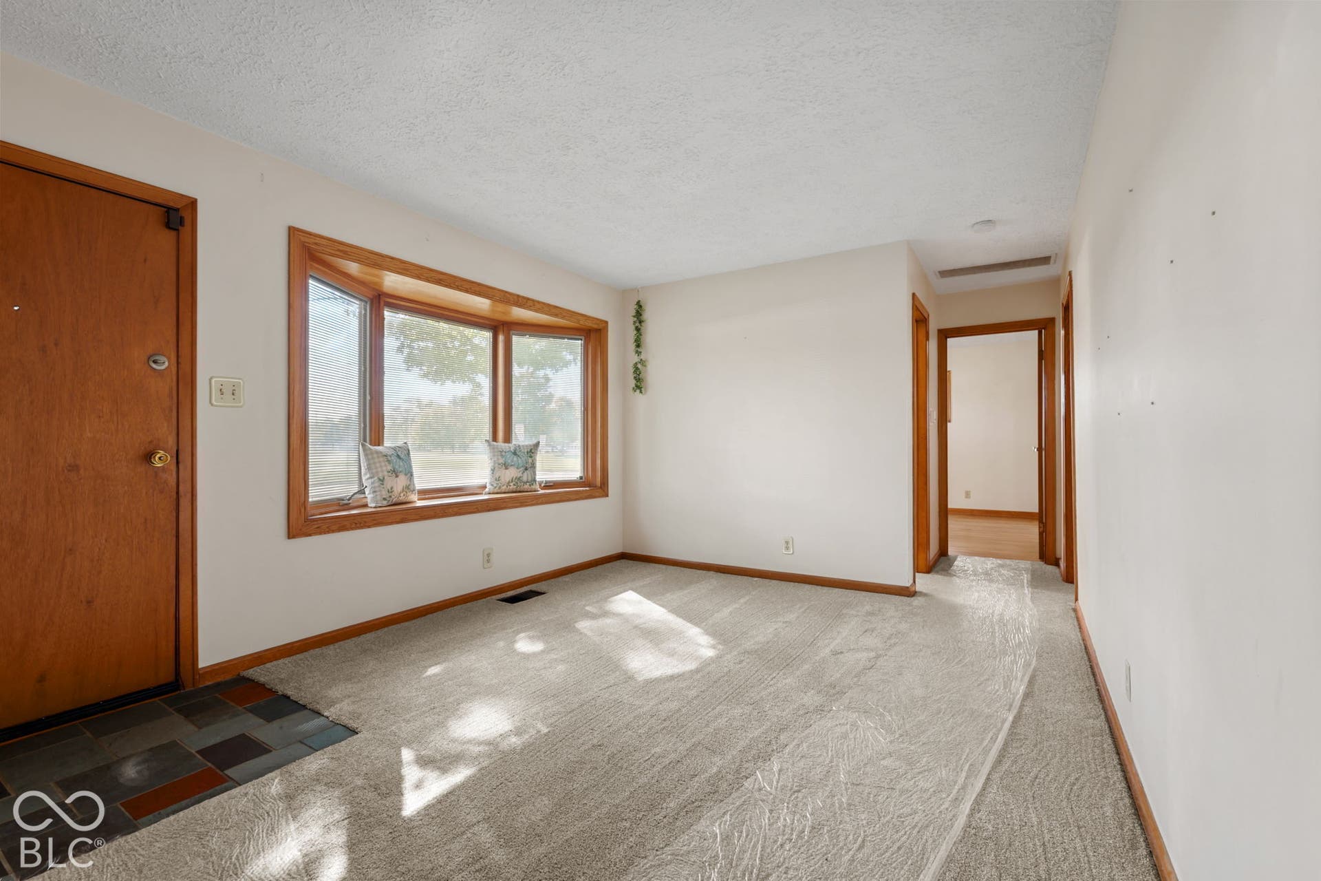 280 Anniston, Indianapolis, IN 46227 Interior space featuring a large bay window with a wide sill, neutral wall-to-wall carpeting, multi-tone tile entryway, and wood-finish trim detailing