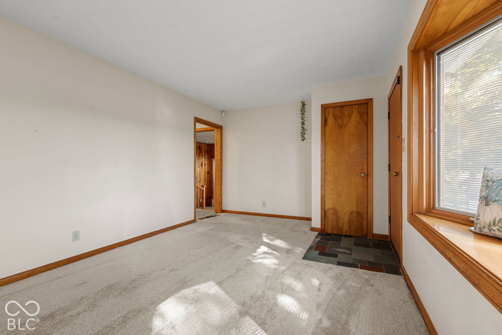 280 Anniston, Indianapolis, IN 46227 Room featuring carpeted flooring, a bay window with a wooden sill, a slate tile entryway, and wood-trim door frames