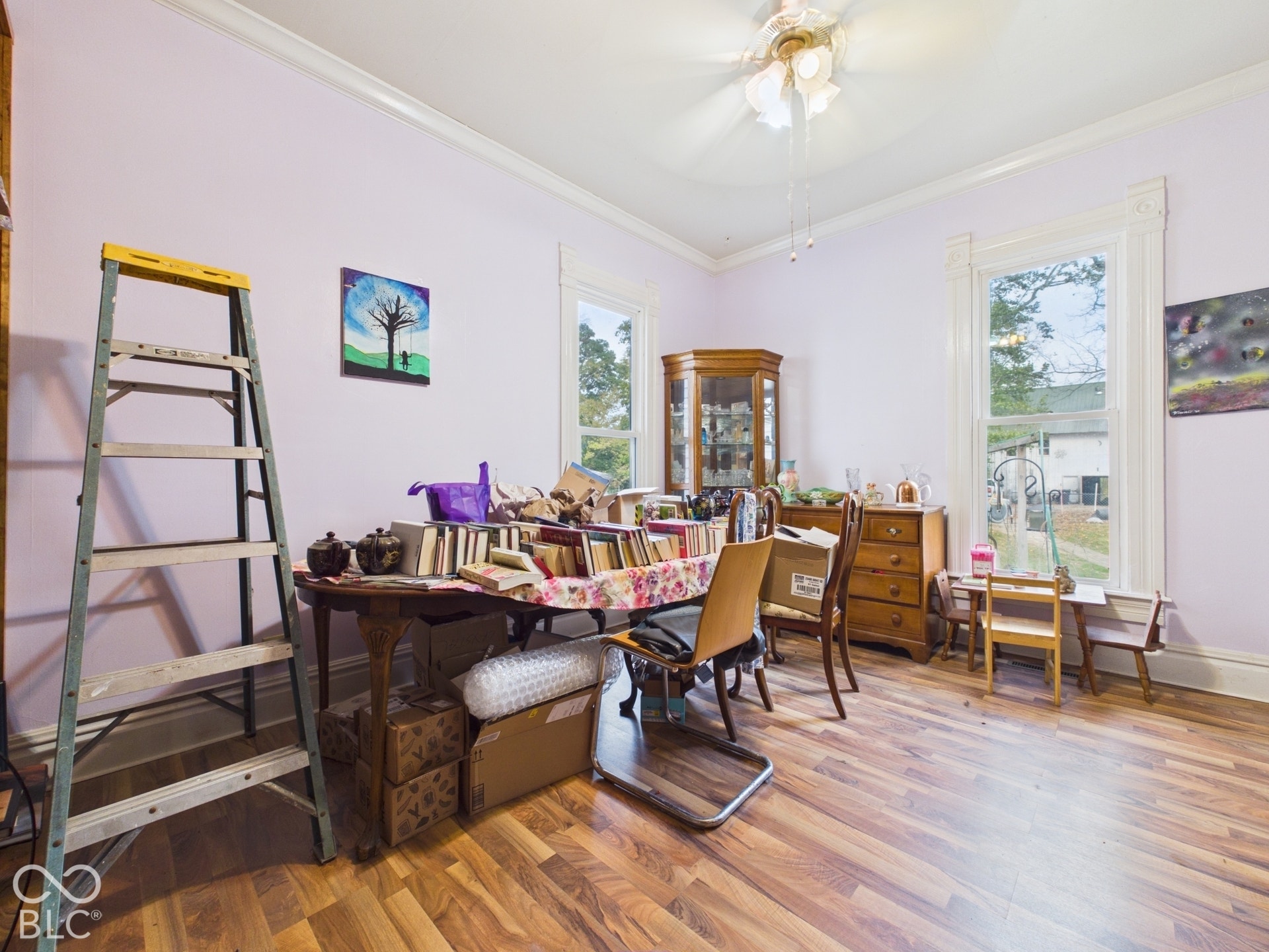 Wood-finish flooring, crown molding, and two tall windows with decorative trim