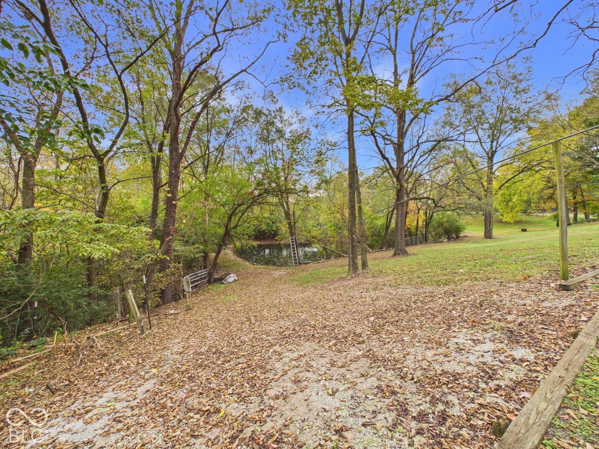 Expansive natural acreage featuring mature trees, sloping topography, and a pond