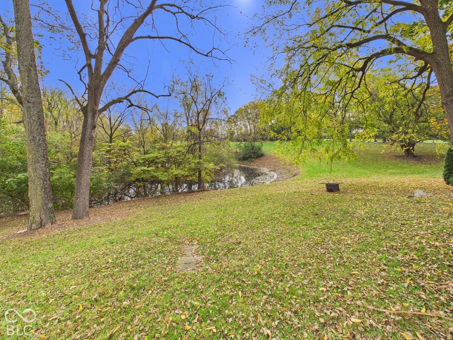 Expansive lawn with mature trees and a natural pond